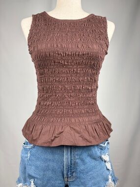 Sim & Sam Brown Smocked Tank Top Peplum Fitted Size M